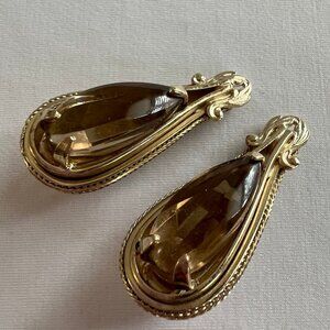 Vintage Gold Tone Whiting & Davis Brand Smokey Glass Teardrop Clip On Earrings